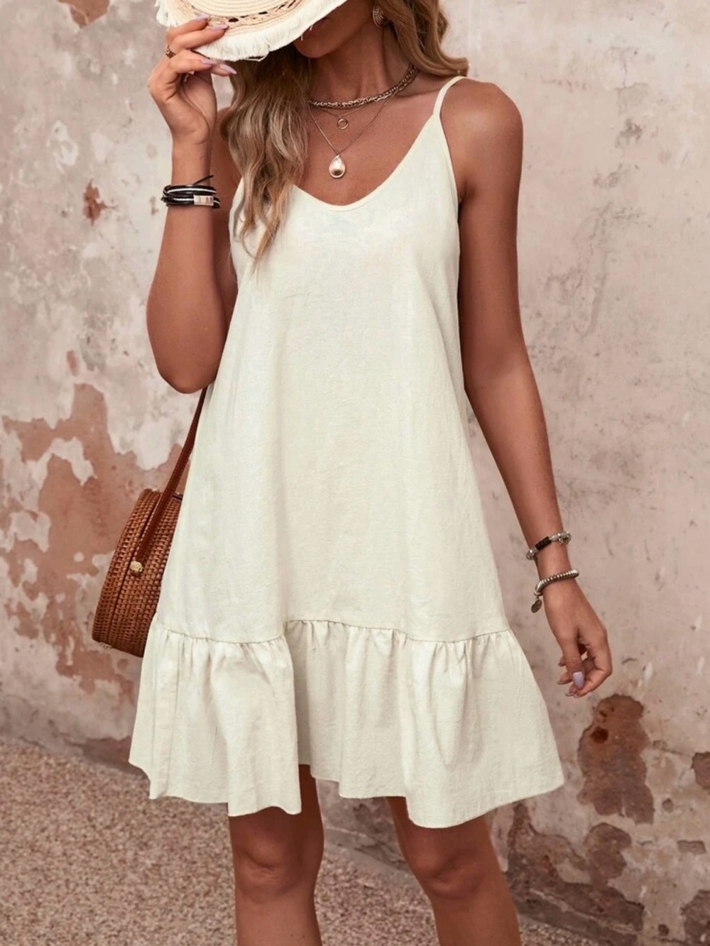 Casual Cream Spaghetti Strap Ruffle-Hem Mini Dress